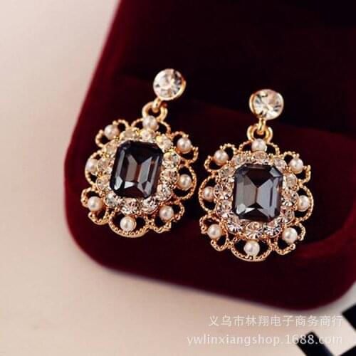 Korean Square Gem Korean Simulated Pearl Crystal black Earrings wholesale earring Ohrringe real silver