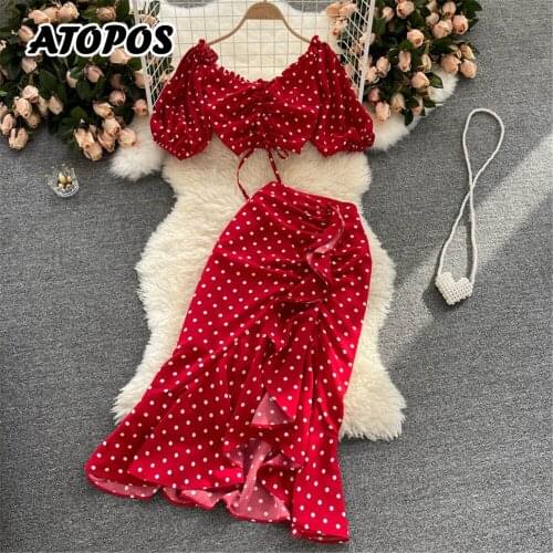 Womens Summer Dress Suit Sweet Polka Dot Crop Top High Waist Skirts Two Piece Set Fashion Vintage Woman Outfits Female Clothing
