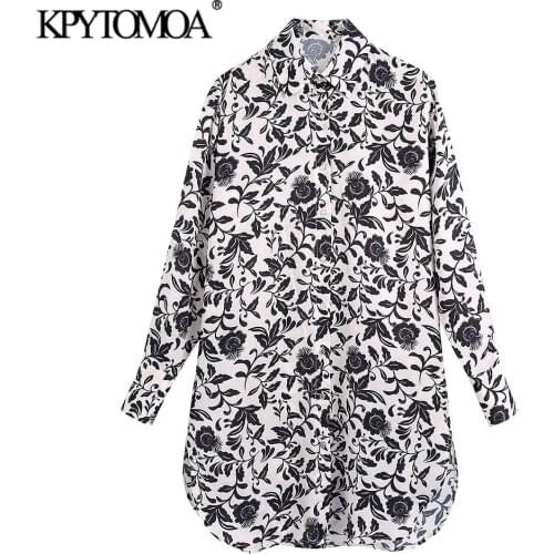 KPYTOMOA Women 2021 Fashion Floral Printed Side Vents Long Cozy Blouses Vintage Long Sleeve Button-up Female Shirts Chic Tops