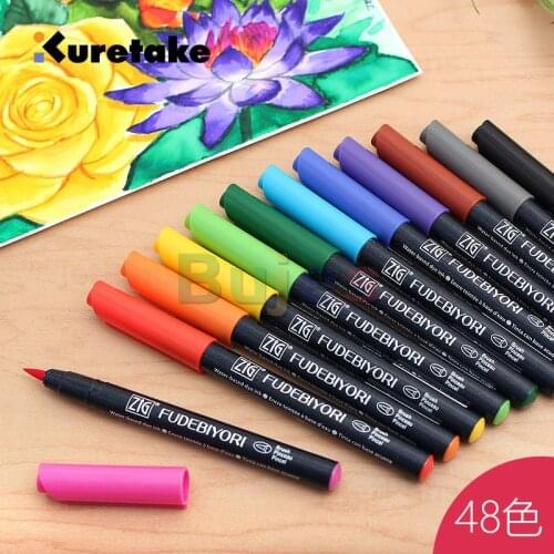 Kuretake ZIG FUDEBIYORI Available in 48 colors,Flexible Hard brush tip,water-based dye ink,great for brush lettering, watercolor