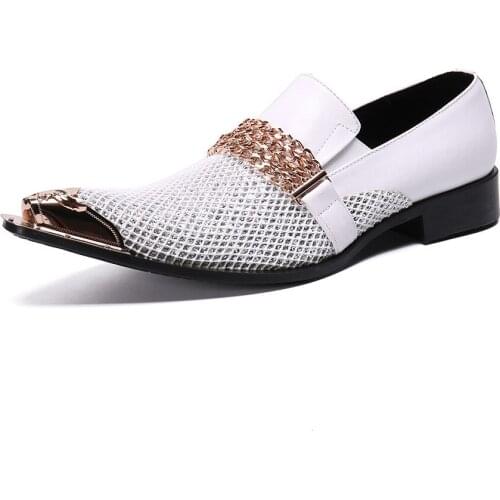 New Summer Casual Mens Classic Fashion Shoes Personality Metal Pointed Toe Cowhide Leather Youth White Chain Mens Shoes