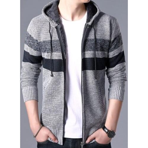 2019 Sweater Men Casual Mens Sweater Winter Thick Warm Hooded Cardigan Jumpers Men Striped Cashmere Wool Zipper Fleece Coats Men