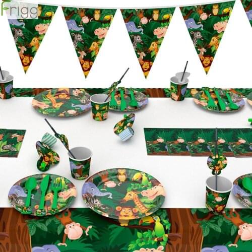 Jungle Animal Disposable Party Tableware Set Plate Cup Napkins For Kid Birthday Party Supplies Safari Jungle Party Decor Safari