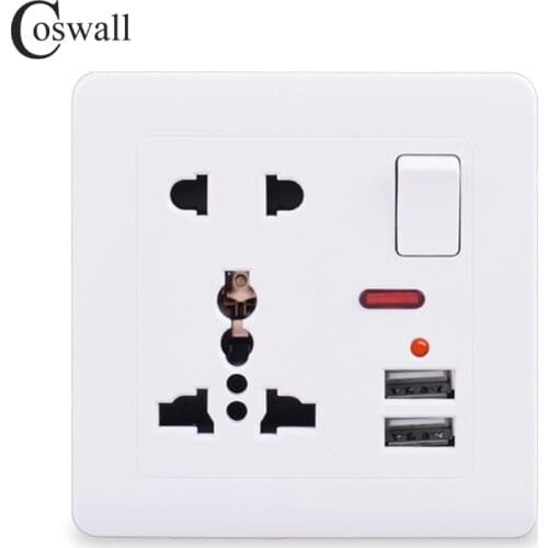 Coswall Wall Power Socket 13A Universal 5 Hole Switched Outlet 2.1A Dual USB Charger Port LED indicator