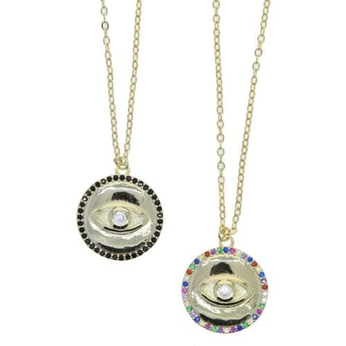 Colorful Rainbow Black Cubic Zirconia CZ Paved Geometric Round Coin Turkish Evil Eye Pendant Gold Color Fashion Women Necklace