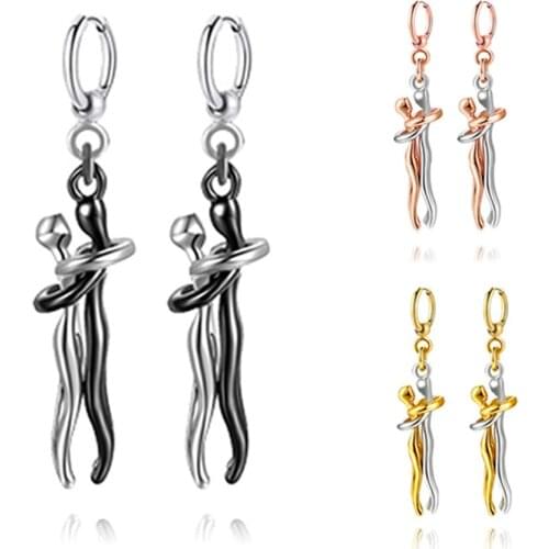 Copper Plated 18K Rose Gold Silver Circle Eardrop Embrace Lover Pendant Puncture Ear Jewelry Valentines Day Gift Free Shipping