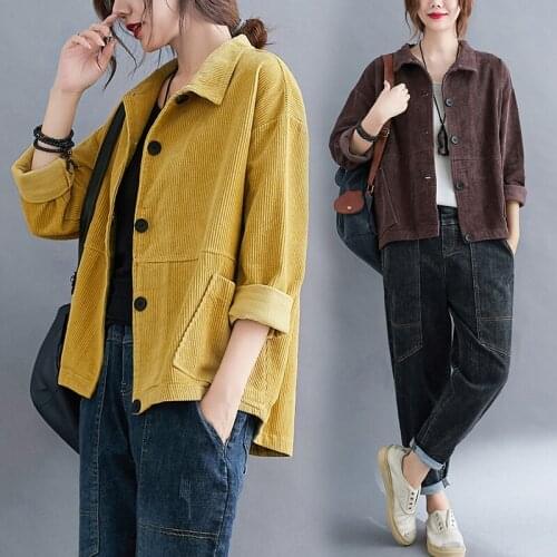 Plus Size Womens Jacket Coat New Spring Autumn Long Sleeve Single Breasted Corduroy Jackets Loose Casual Female Outerwear Tops