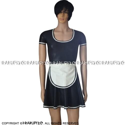 Black And White Short Sleeve Sexy French Maid Latex Dress With Apron Zipper At Back Rubber Uniform Bodycon Playsuit LYQ-0198