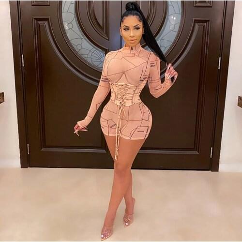 [Shesrim] Long-Sleeved Sexy Mesh Round Neck Printing Zipper Casual Jumpsuit Fashion Sports Waistband Rompers