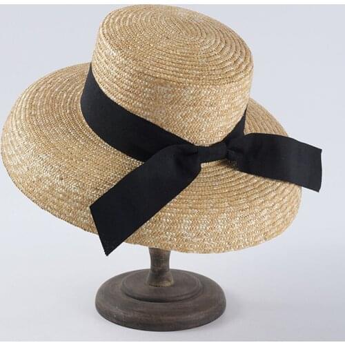 Elegant Straw Hat Women 10cm Wide Brim Sun Hat Casual Natural Wheat Straw Summer Beach Hat With Black Bow Riibon For Ladies
