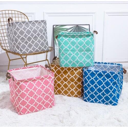 Folding Cube Canvas Storage Box Cotton Polyester PE Coated Assorted Laundry Bins Hamper Aqua Lattice For Toy Storage Basket