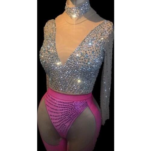 Rhinestones Jumpsuit Women Sexy pink Bodysuit Costume Stage Outfit Singer Dancer Performance jump DJ Nightclub party bar Stretch