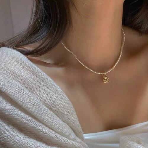 U-Magical Statement Imitation Pearl Little Bear Chokers Necklace for Women Charming Gold Silver Metal Beaded Necklace Jewellery