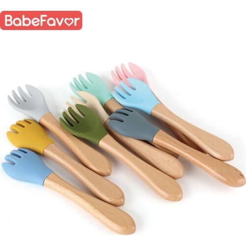 Kids Fork Silicone Food Grade Solid Color Safety Wood Baby Food Feeding Tool Children Tableware Utensils Non-Slip Dinner Fork