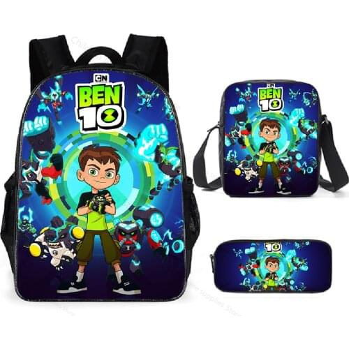 3pcs/Set B E N 10 Cartoon Anime Schoolbag Backpack for Teenagers Boys Waterproof Backpack Polyester Kids Student School Bag
