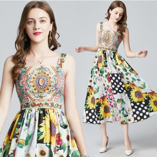 Women Spaghetti Strap Backless Sunflower Print Patchwork Beach Boho Party Long Sundress Fashion Runway Holiday Summer Dress 348