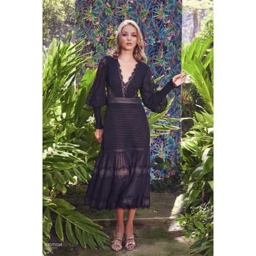 1030 2020 Autumn Free Shipping V New Lace Dress Womens Clothes Black Pink Long Sleeve