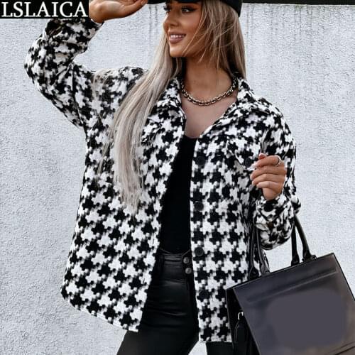 Womens Coat Best Seller Long Sleeve Turn-down Collar Houndstooth Print Autumn Winter Jacket Women Casual Fashion Ladies Tops