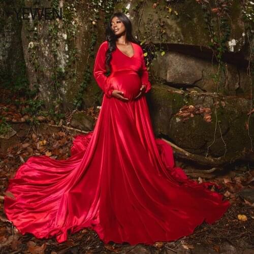 Red Velvet Winter Evening Dresss for Woman Maternity Dress for Photo Shoot Long Sleeve Maternity Gown for Photography YEWEN