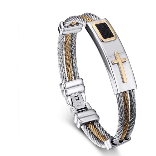 2021 Fashion Korean Version Of Stainless Steel Material Wire Cross Logo Temperament And Opening Bracelet Customized For Men
