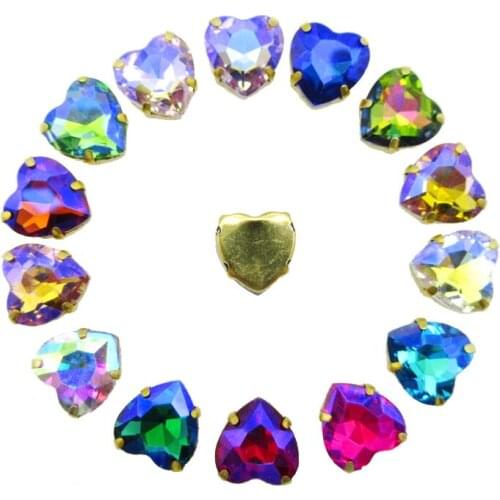AB colors heart shape glass Crystal strass Gold claw Sew on rhinestones wedding dress clothes shoes bags diy colorful decoration
