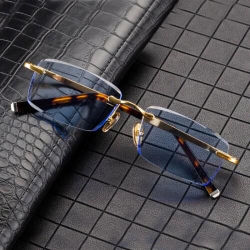 Acetate Rimless Glass Sunglasses Man Luxury Natural Crystal Stone Blue Sun Glasses Woman Vintage Brand UV400 Anti Eye Dry