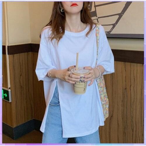 100% Cotton White T Shirt Causal Slit O-neck Basic T-shirts Solid Womens Tee Shirt Short Sleeved Tops 2021 Summer Loose Tshirt