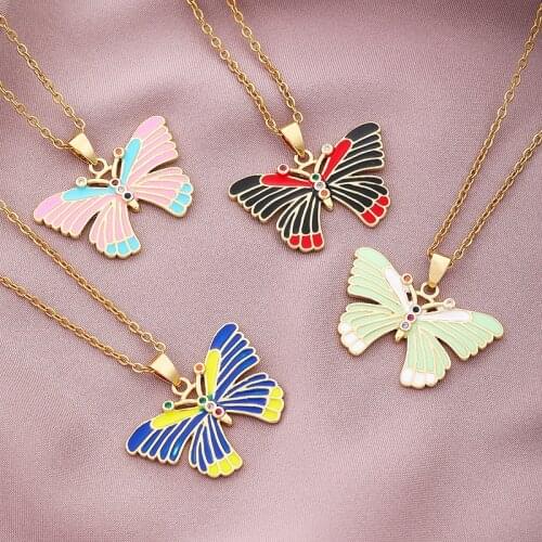 Fashion Colorful Zircon Enamel Butterfly Pendant Necklace 18K Gold Plated Titanium Steel Chain for Women Teen Girls Jewelry Gift