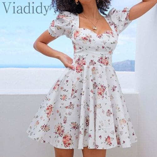 Women Floral Print Low-Cut Backless Short Sleeve A-Line Dress
