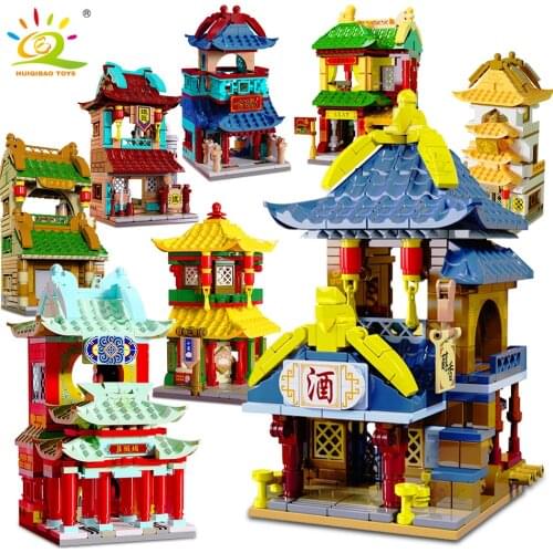 HUIQIBAO Street View Chinese Restaurant Shop Model Building Blocks City Architecture House Bricks Assemble Toys For Children