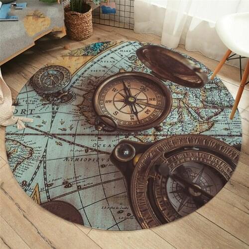 Compass Bedroom Floor Mat World Map 3D Print Round Carpet Retro Style Area Rugs Blue Brown alfombra Dropshipping