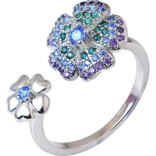 Korean Fashion Flower Opening Rings for Women Accessories Wedding Band Jewelry Girl Gift Luxury Multicolor Zircon Crystal Rings