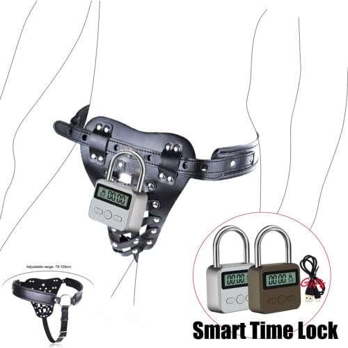 Leather Thong Cock Penis Cage Adjustable Sexy Mens Chastity Pants,BDSM Bondage Smart Metal Timing Lock Chastity Belt Sex Tools