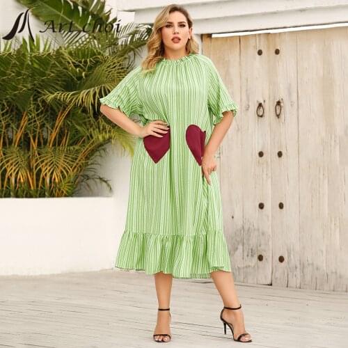 Summer Women Long Heart Striped Ruffles Dress Party Female Boho Beach Sweet Skirt Short Sleeve Pocket Ladies Vestido Plus Size