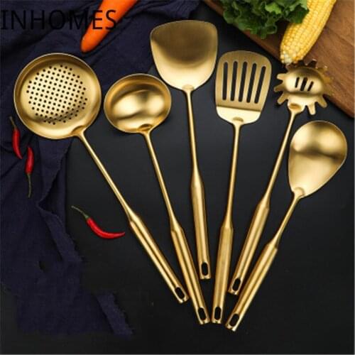 7pcs Gold Stainless Steel Slotted Turner Rice Spoons Soup Shovel Kitchen Utensils Cooking Tools dropshipping utensilio cocina