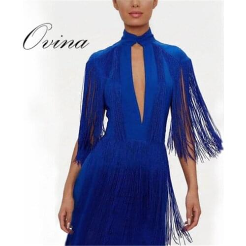 Royal Blue O-Neck Tassel Hollow Out Mini Bodycon Bandage Dress Evening Party Dress