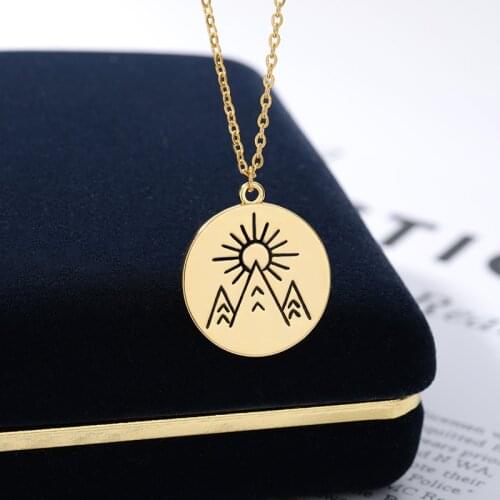 Minimalism Round Disc Pendants Necklace Stainless Steel Mountain And Sun Necklaces For Women Fashion Jewelry Collier Femme 2021