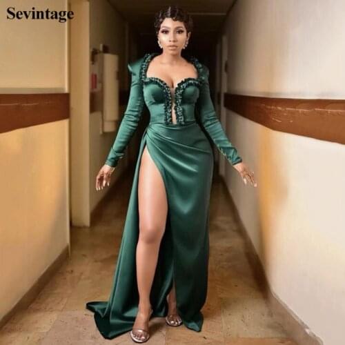 Sevintage Long Sleeve Mermaid Split Side Celebrity Dress Pleats Beaded Red Carpet Dresses AMVCA 2020 Evening Gowns Sweep Train