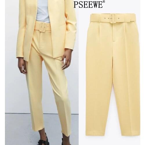 PSEEWE Za Woman 2021 Trouser Suits With Belt Yellow High Waist Pants Women Urbane Fashion Black Office Beige Trousers For Female