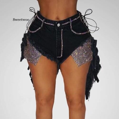 Sexy High waist Bandage Patchwork Denim Ripped Hole Short Jeans Women booty shorts New Sexy Club Lace-up Black Shorts Streetwear