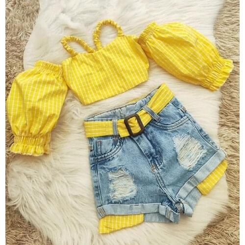 1-5Years Fashion Children Girls Summer Clothing Sets Off Shoulder Plaid Strap Crop Tops+Belt Denim Ripped Hole Shorts Outfits