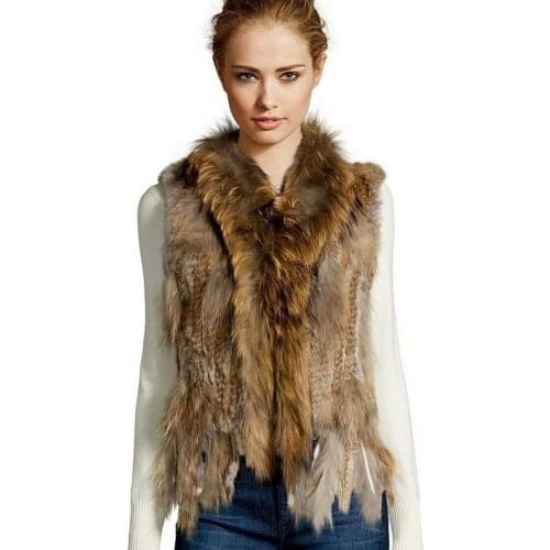ZDFURS * high quality hot sale knitted rabbit fur vest raccoon dog fur collar knitted vest rabbit fur waistcoat ZDKR-165005