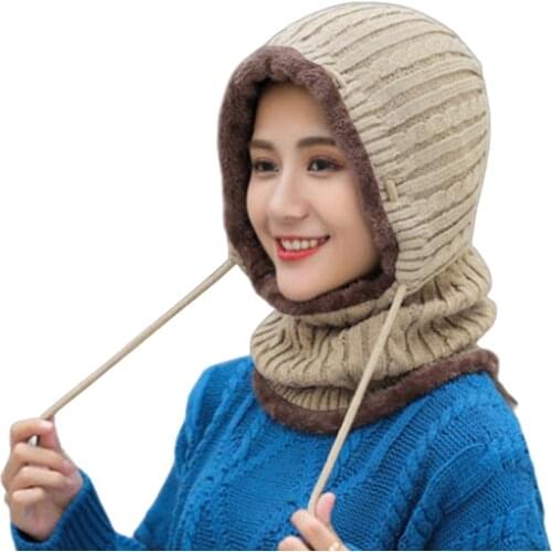 Women Winter Warm Knitted Balaclava Hat Plush Lined Ski Earflap Hood Cap Scarf