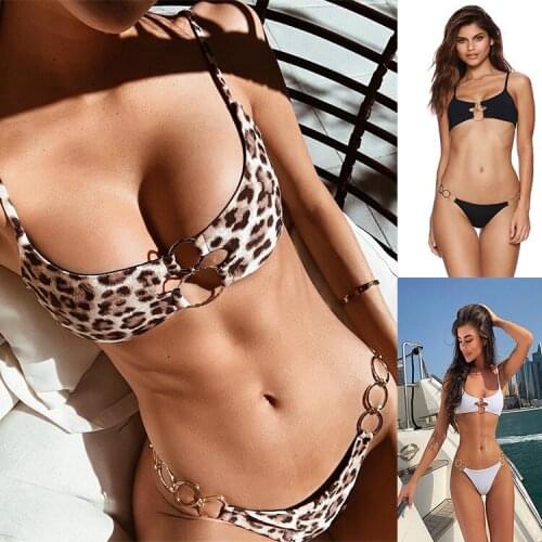 2021 Summer New Split Bikini Hot Sale Simple Ring Accessories Ladies Swimsuit Wading Sportswear Solid Leopard Print