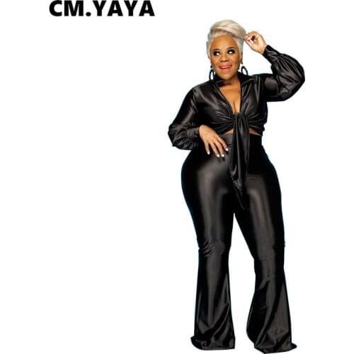 CM.YAYA Activewear Plus Size XL-5XL Womens Set Knot Tie Up Blouses Tops Flare Pants Suit Tracksuit Two Piece Set Fitness Outfit