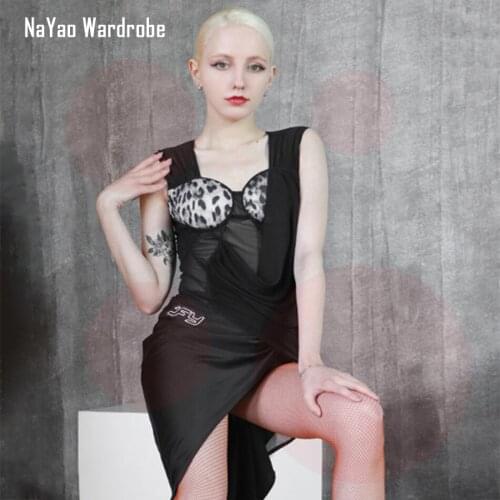 2021 New TL688 Leopard Latin Dance Dress Women Patchwork Sleeveless Dress for Ballroom Samba Tango Chacha Dancing Performamnce