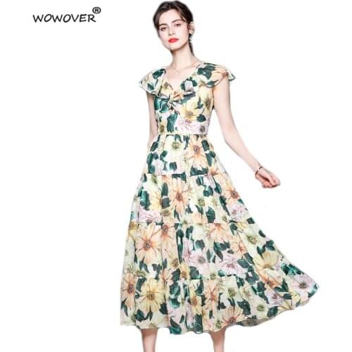 2021 Summer Runway Holiday Camellia Floral Print Beach Maxi Dress Women Sleeveless Ruffles Elegant Long Chiffon Dress
