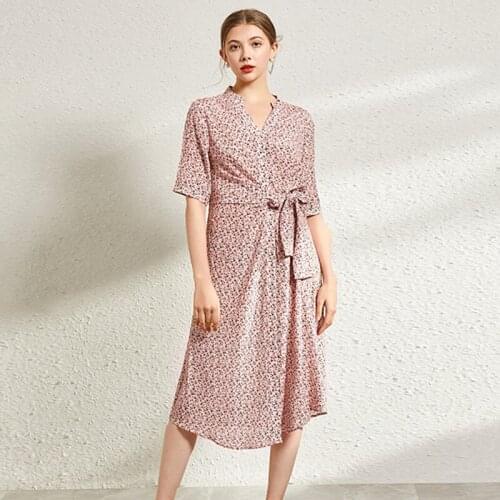 Pink Little Floral Silk Crepe Dresses Women Natural Silk 2021 Summer Long Casual Sexy Office Work Daily Dress Plus Size Slim