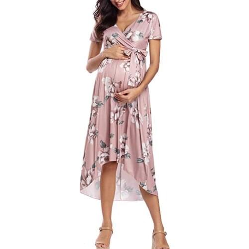 Womens Faux Wrap Maternity Dress Casual Breastfeeding Clothing Belt Adjustable Large Size V-Neck Sexy Print Nursing Dress