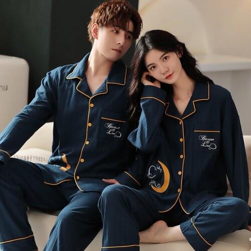 Winter Lovers Homedress Pajamas Couple Fashion Blue Long Sleeve Nightwear Lapel Sleepwear Cotton Couple Itself Oversize Homewear